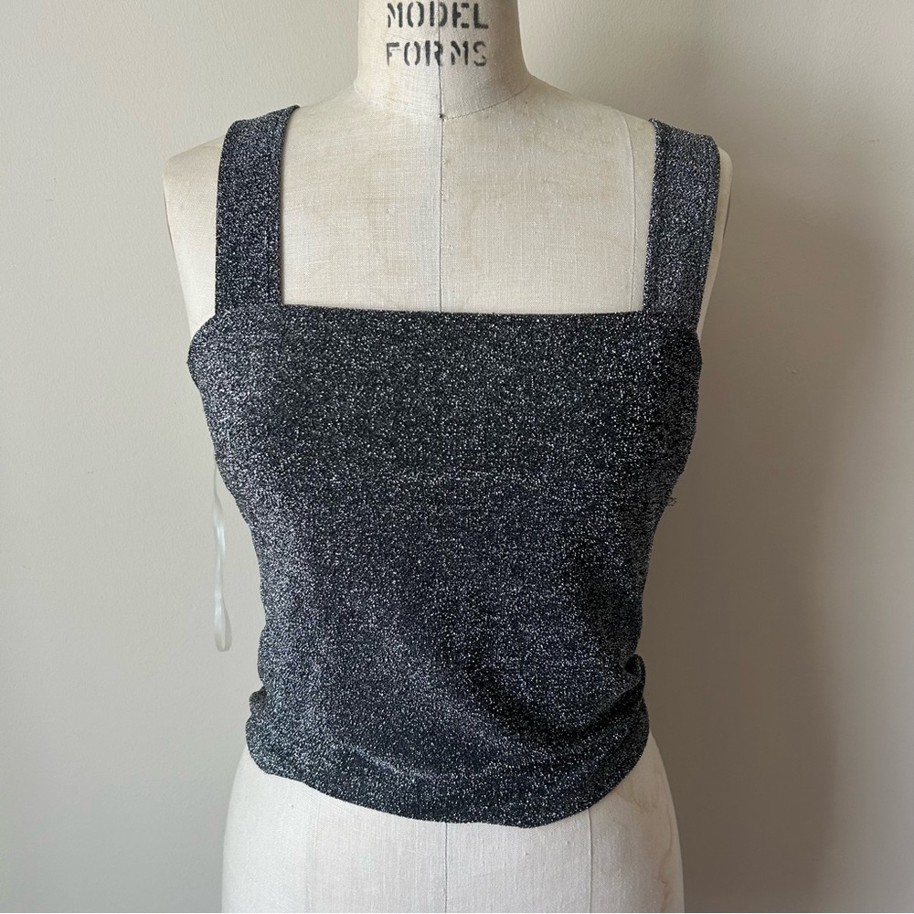 NWT Nordstrom ROW A Womens Medium Black Sleeveless Sparkle Silver Crop Tank Top